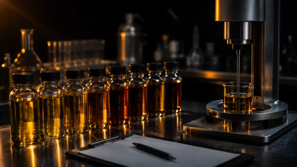 Technician running a viscometer test on a lubricant sample